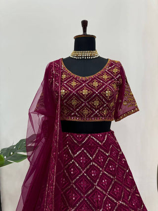 Wine Premium Faux Georgette Embroidered Lehenga Choli Set with Sequin & Butterfly Net Dupatta ClothsVilla