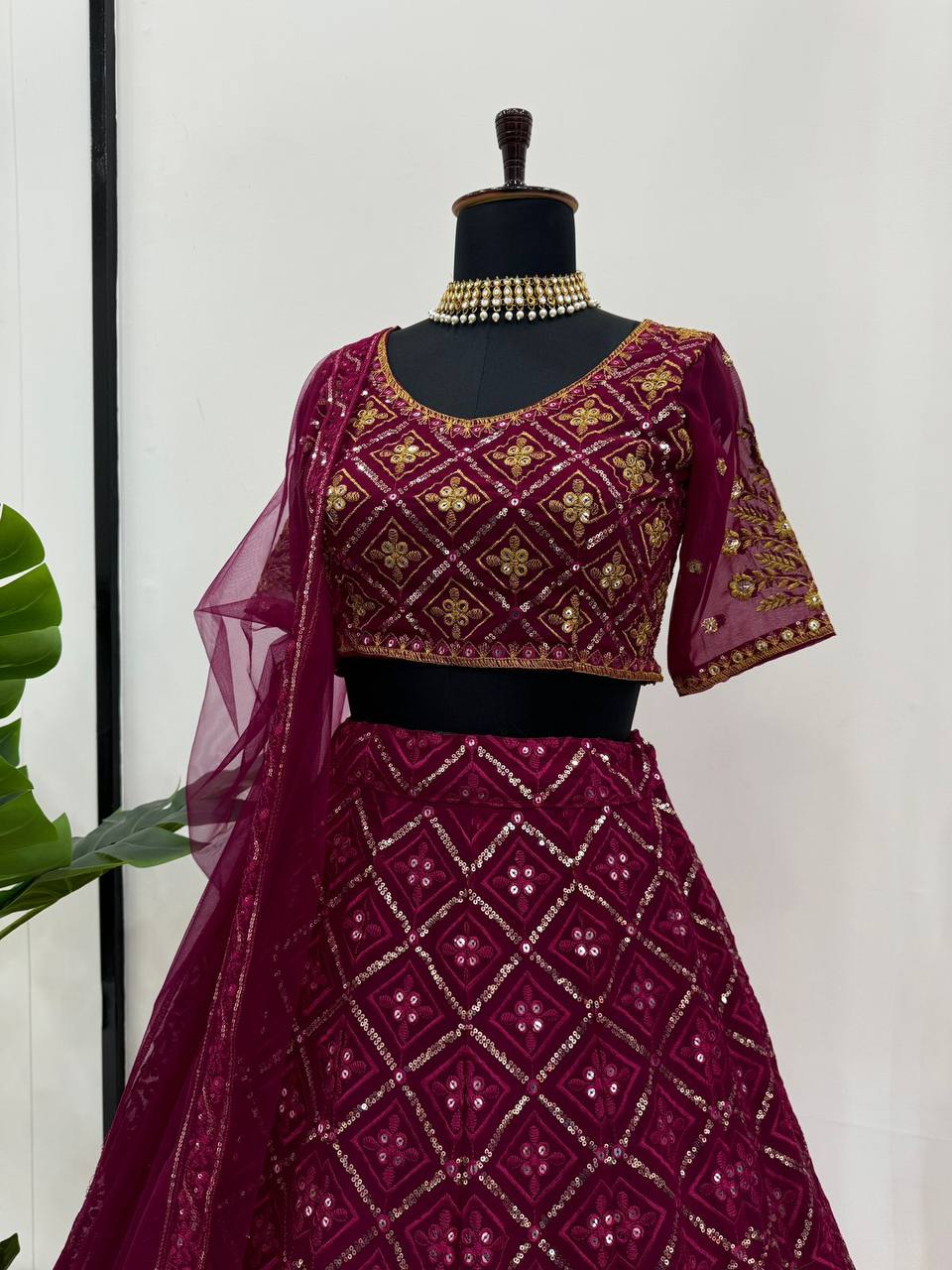 Wine Premium Faux Georgette Embroidered Lehenga Choli Set with Sequin & Butterfly Net Dupatta ClothsVilla