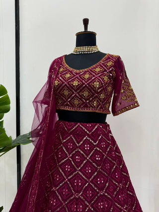 Wine Premium Faux Georgette Embroidered Lehenga Choli Set with Sequin & Butterfly Net Dupatta ClothsVilla
