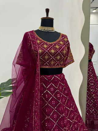 Wine Premium Faux Georgette Embroidered Lehenga Choli Set with Sequin & Butterfly Net Dupatta ClothsVilla