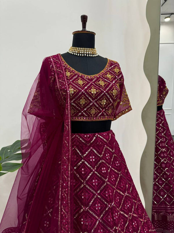 Wine Premium Faux Georgette Embroidered Lehenga Choli Set with Sequin & Butterfly Net Dupatta ClothsVilla