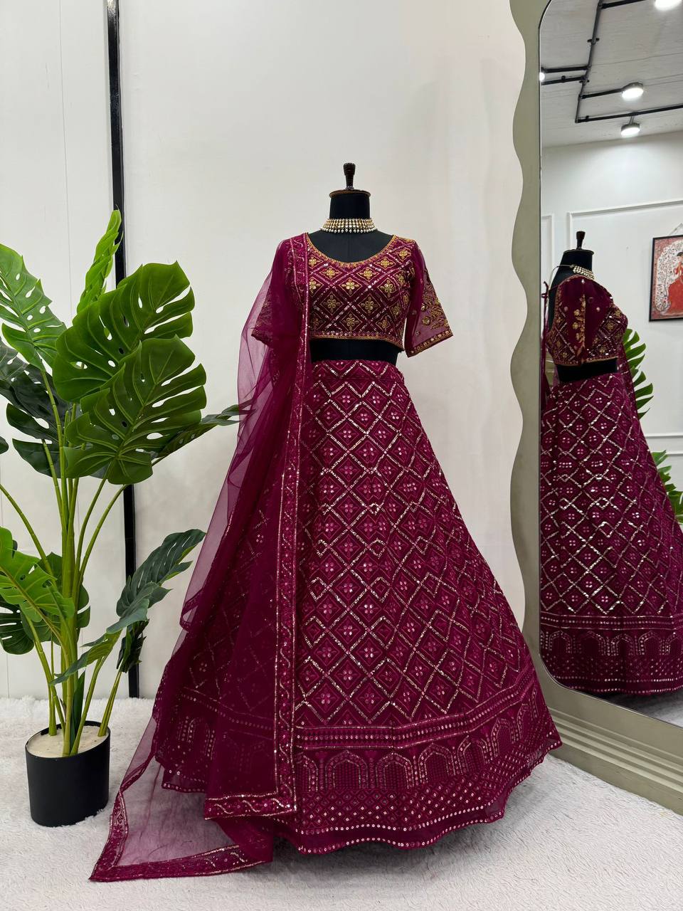 Wine Premium Faux Georgette Embroidered Lehenga Choli Set with Sequin & Butterfly Net Dupatta ClothsVilla