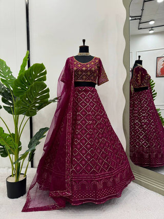 Wine Premium Faux Georgette Embroidered Lehenga Choli Set with Sequin & Butterfly Net Dupatta ClothsVilla