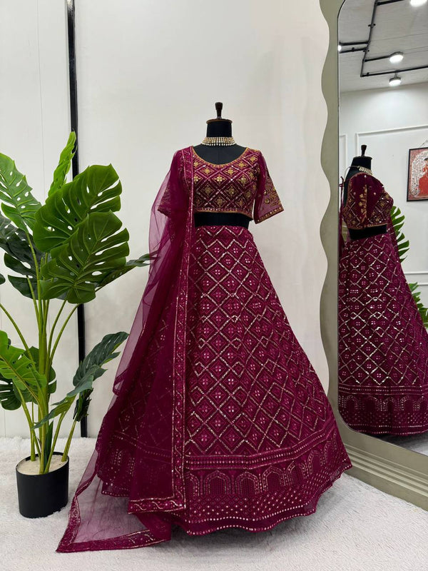Wine Premium Faux Georgette Embroidered Lehenga Choli Set with Sequin & Butterfly Net Dupatta ClothsVilla