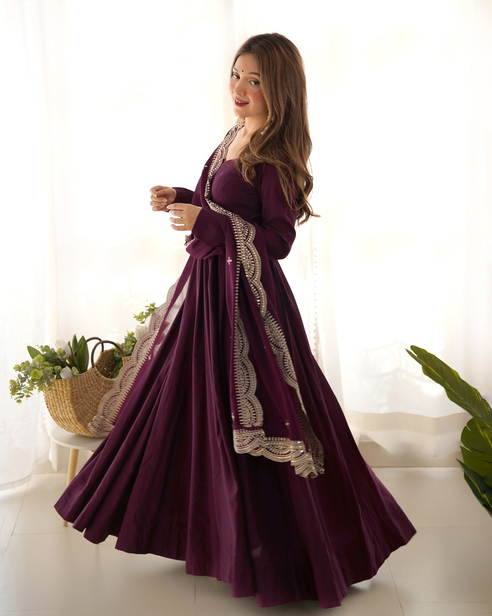Wine Premium Quality Pure Romansilk Chanderi Anarkali Gown with Dupatta & Pant Set - Ready to Wear