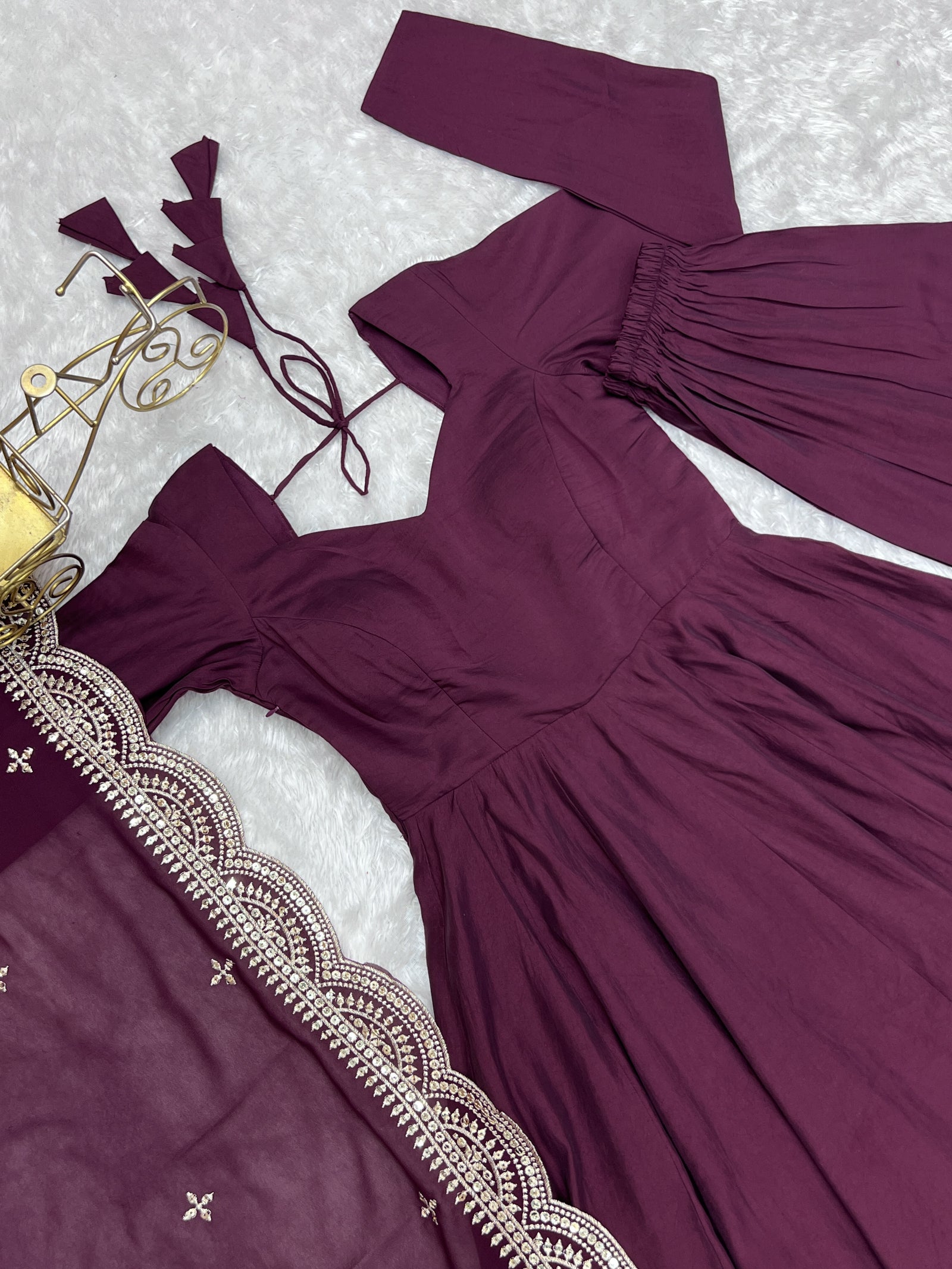 Wine Premium Quality Pure Romansilk Chanderi Anarkali Gown with Dupatta & Pant Set - Ready to Wear