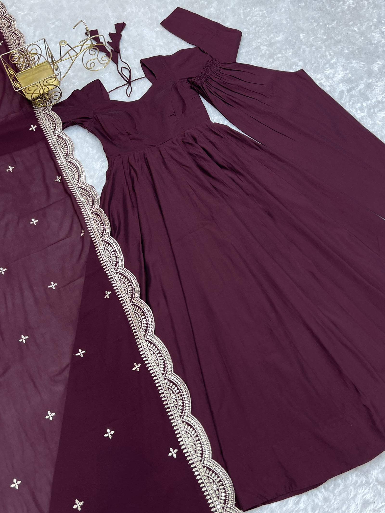 Wine Premium Quality Pure Romansilk Chanderi Anarkali Gown with Dupatta & Pant Set - Ready to Wear