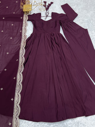 Wine Premium Quality Pure Romansilk Chanderi Anarkali Gown with Dupatta & Pant Set - Ready to Wear