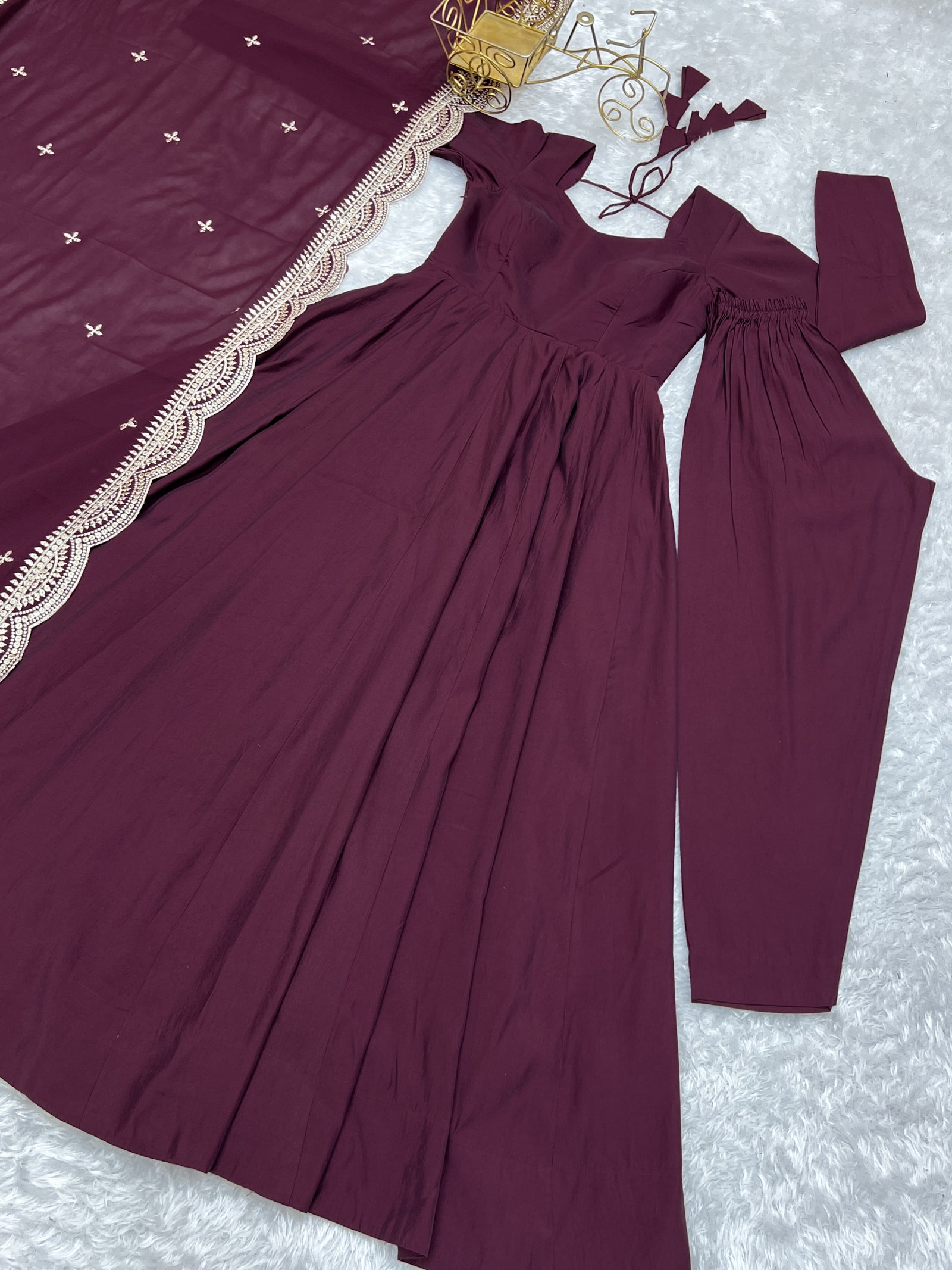 Wine Premium Quality Pure Romansilk Chanderi Anarkali Gown with Dupatta & Pant Set - Ready to Wear