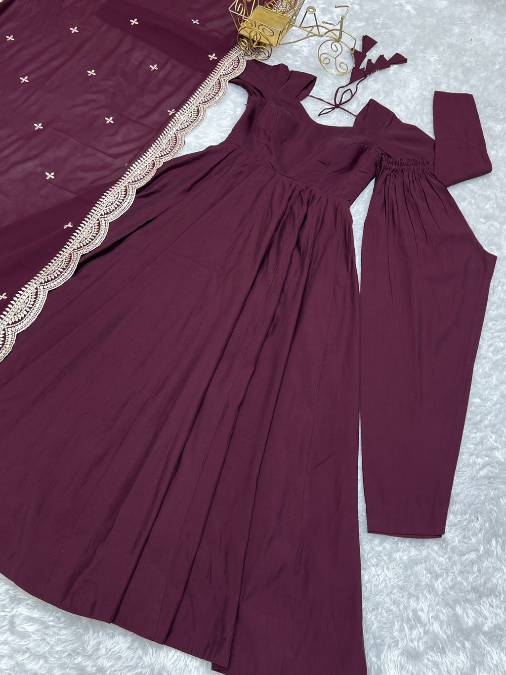 Wine Premium Quality Pure Romansilk Chanderi Anarkali Gown with Dupatta & Pant Set - Ready to Wear