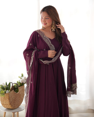 Wine Premium Quality Pure Romansilk Chanderi Anarkali Gown with Dupatta & Pant Set - Ready to Wear