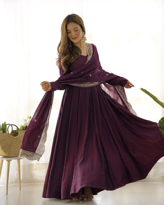 Wine Premium Quality Pure Romansilk Chanderi Anarkali Gown with Dupatta & Pant Set - Ready to Wear