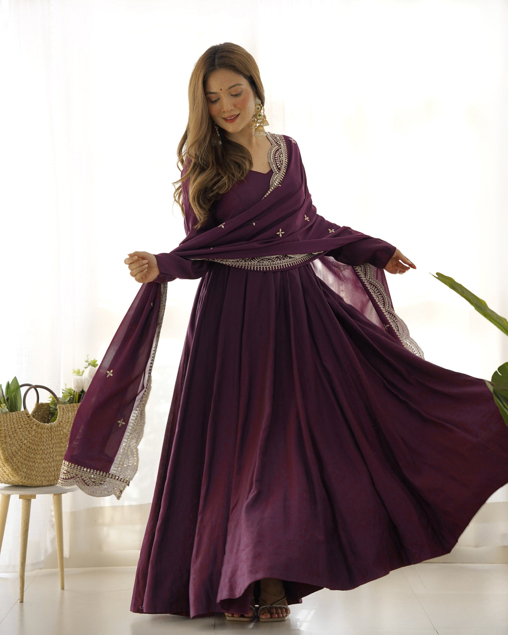 Wine Premium Quality Pure Romansilk Chanderi Anarkali Gown with Dupatta & Pant Set - Ready to Wear