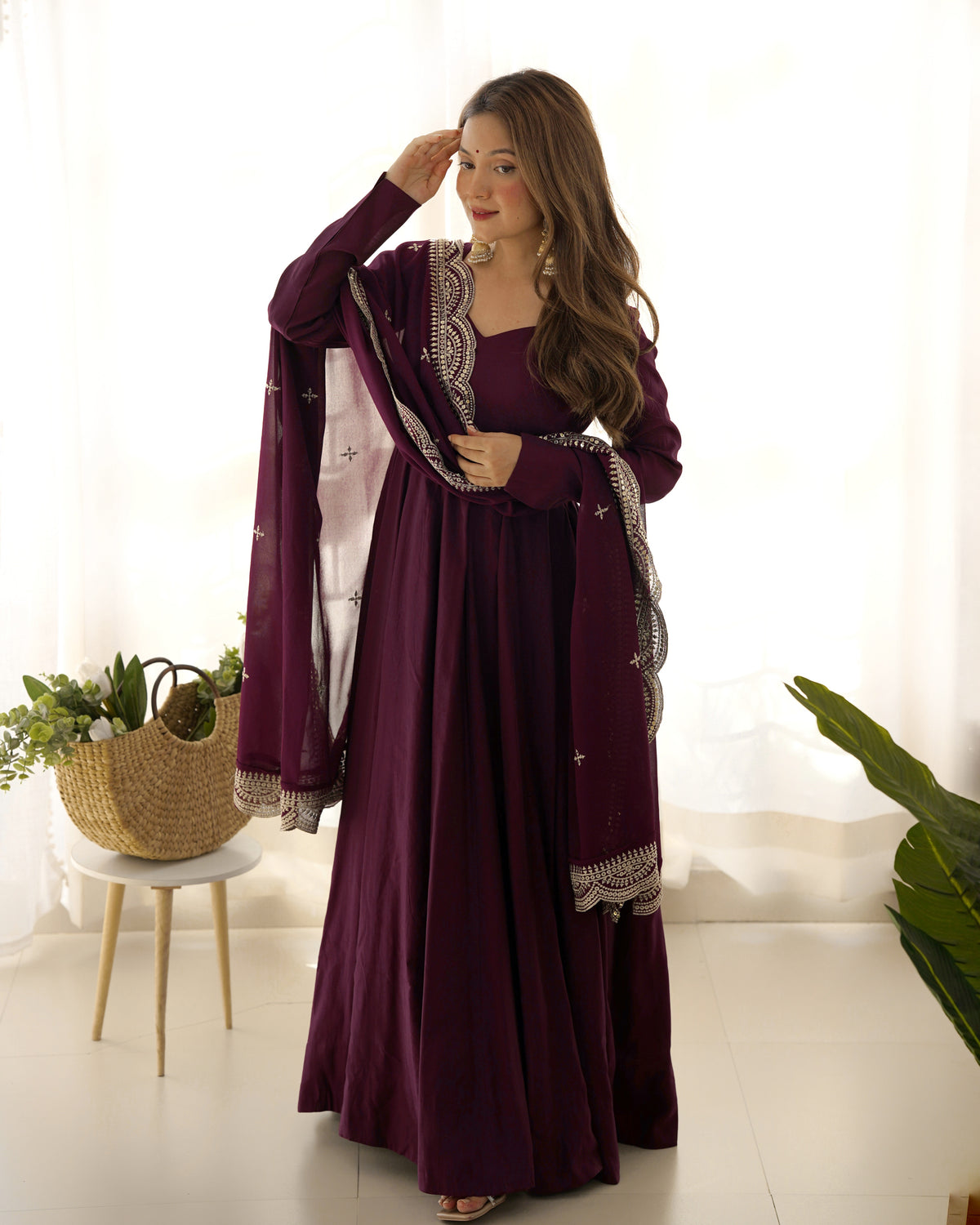 Wine Premium Quality Pure Romansilk Chanderi Anarkali Gown with Dupatta & Pant Set - Ready to Wear Main image