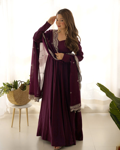 Wine Premium Quality Pure Romansilk Chanderi Anarkali Gown with Dupatta & Pant Set - Ready to Wear Main image