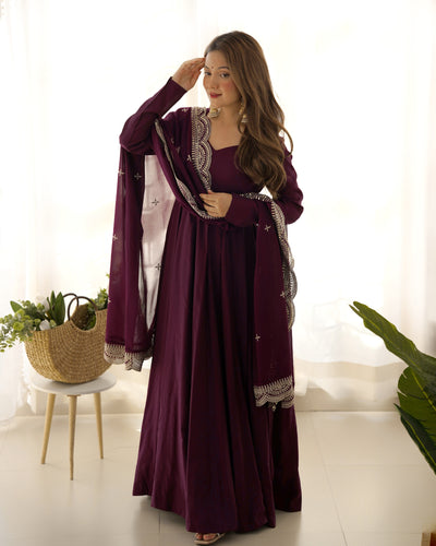 Wine Premium Quality Pure Romansilk Chanderi Anarkali Gown with Dupatta & Pant Set - Ready to Wear
