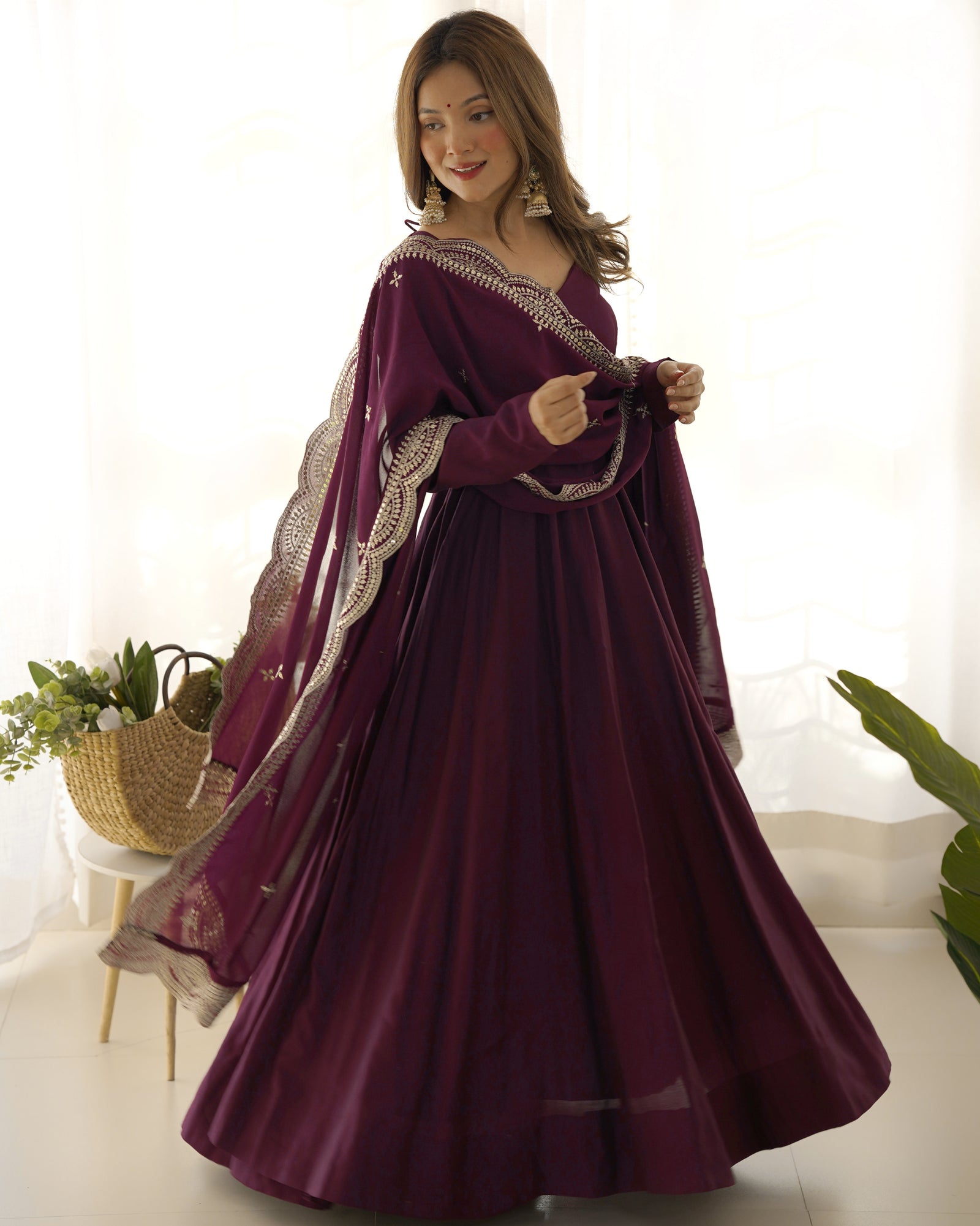Wine Premium Quality Pure Romansilk Chanderi Anarkali Gown with Dupatta & Pant Set - Ready to Wear