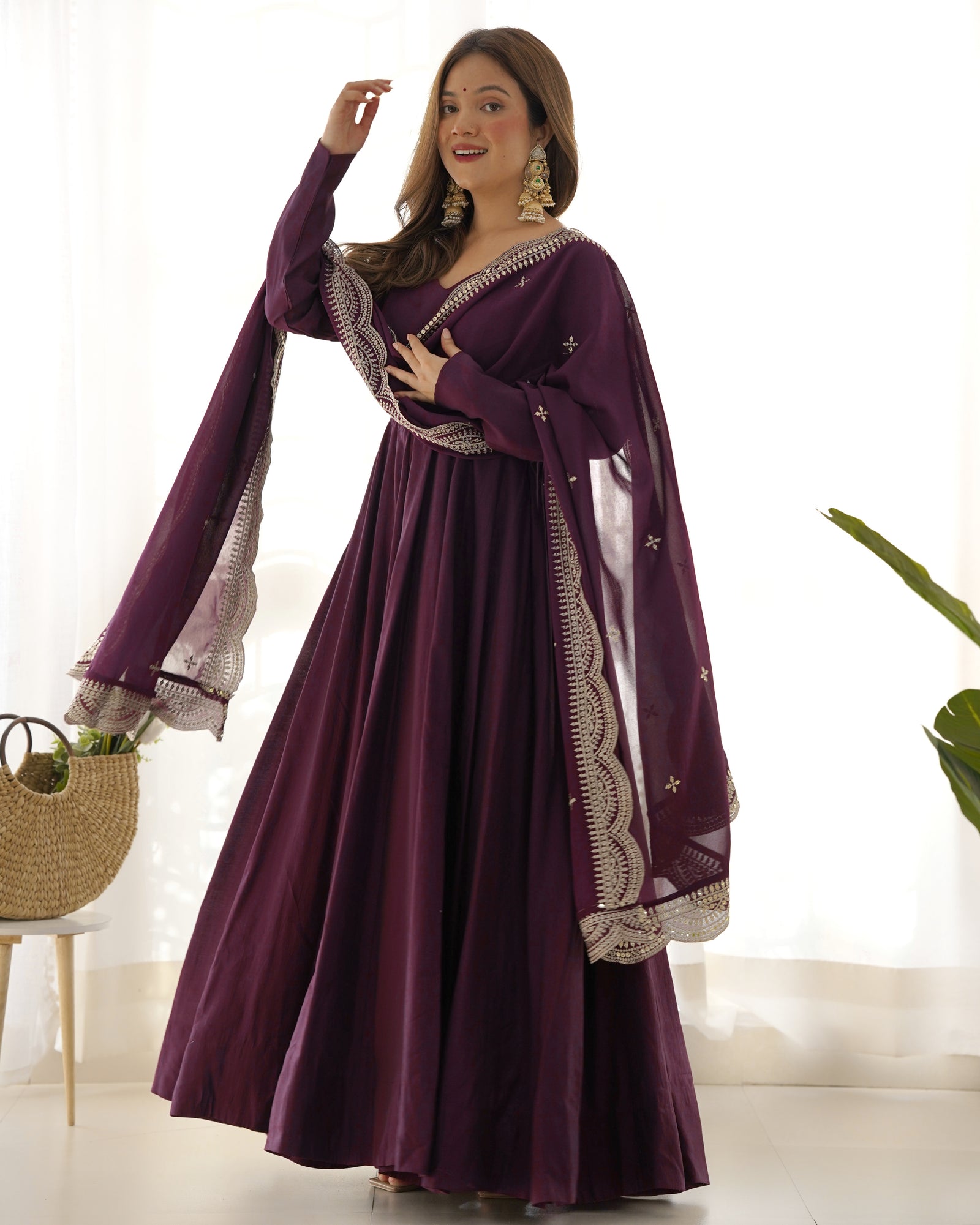 Wine Premium Quality Pure Romansilk Chanderi Anarkali Gown with Dupatta & Pant Set - Ready to Wear