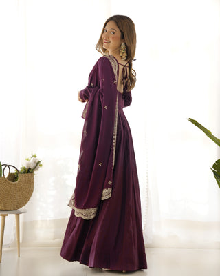 Wine Premium Quality Pure Romansilk Chanderi Anarkali Gown with Dupatta & Pant Set - Ready to Wear