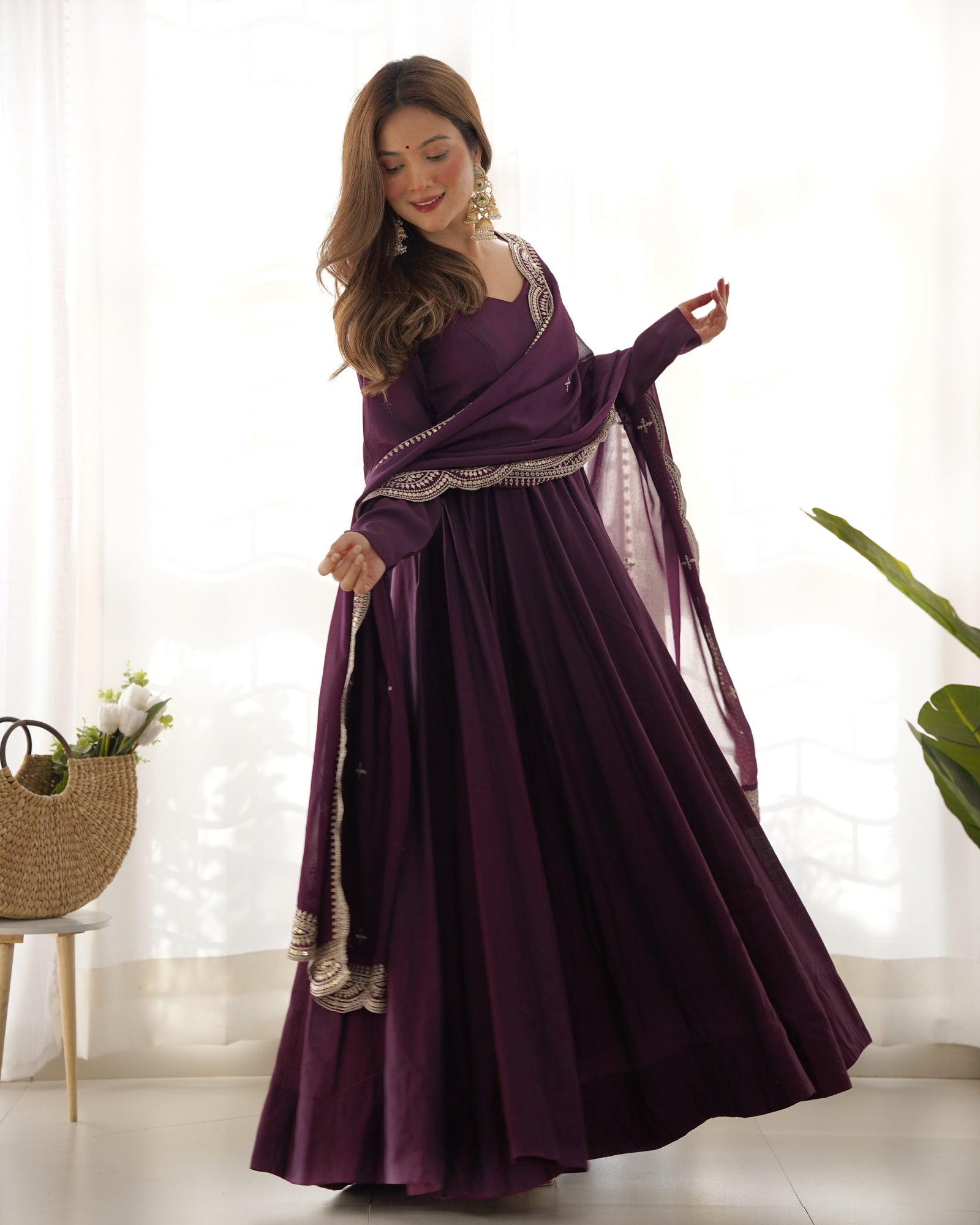 Wine Premium Quality Pure Romansilk Chanderi Anarkali Gown with Dupatta & Pant Set - Ready to Wear