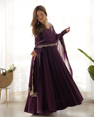Wine Premium Quality Pure Romansilk Chanderi Anarkali Gown with Dupatta & Pant Set - Ready to Wear