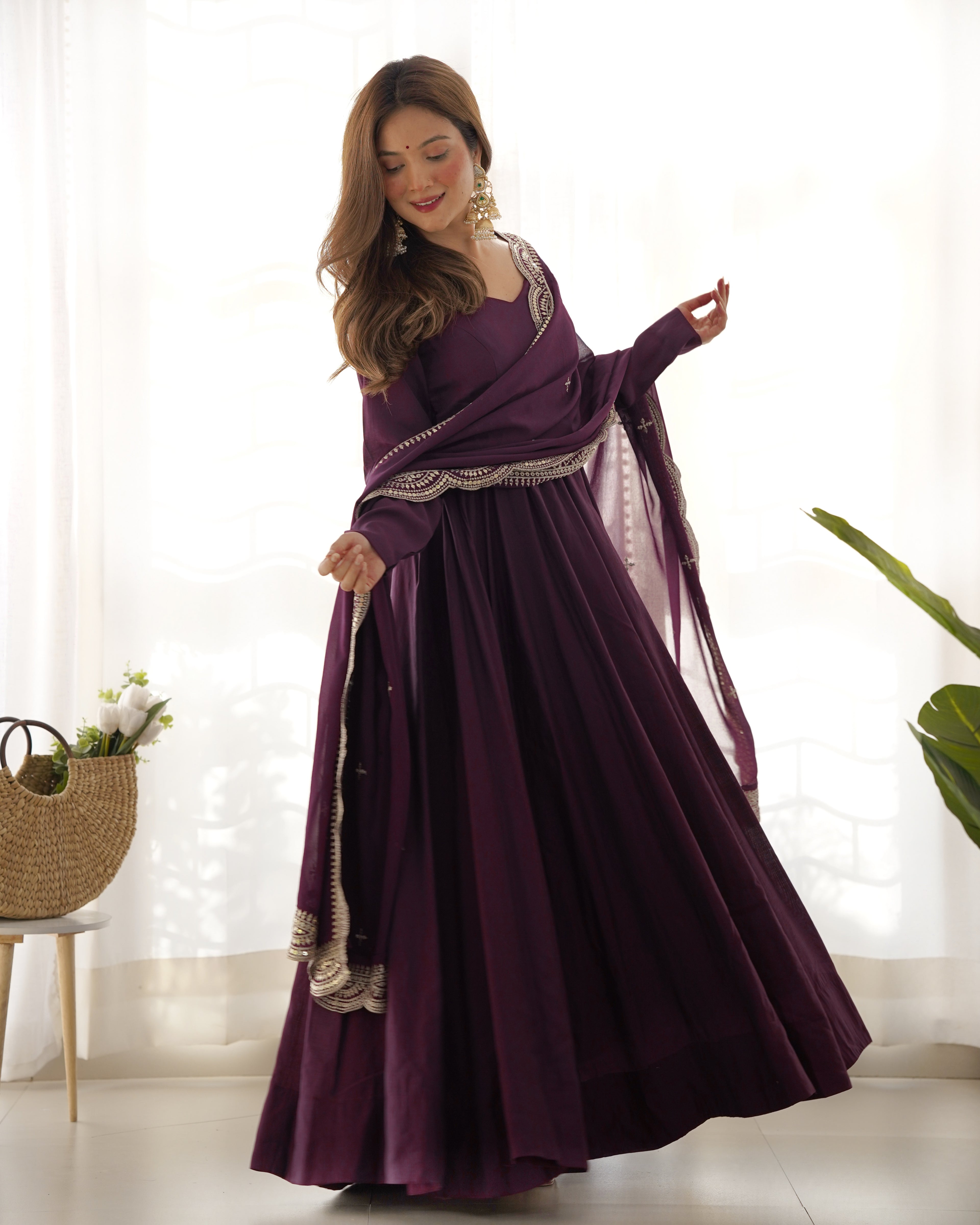 Wine Premium Quality Pure Romansilk Chanderi Anarkali Gown with Dupatta & Pant Set - Ready to Wear