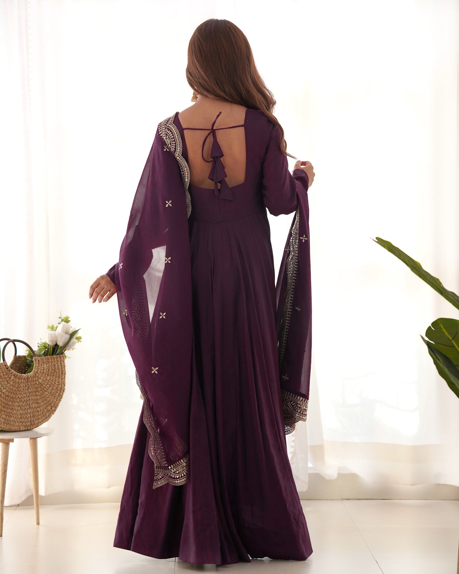 Wine Premium Quality Pure Romansilk Chanderi Anarkali Gown with Dupatta & Pant Set - Ready to Wear