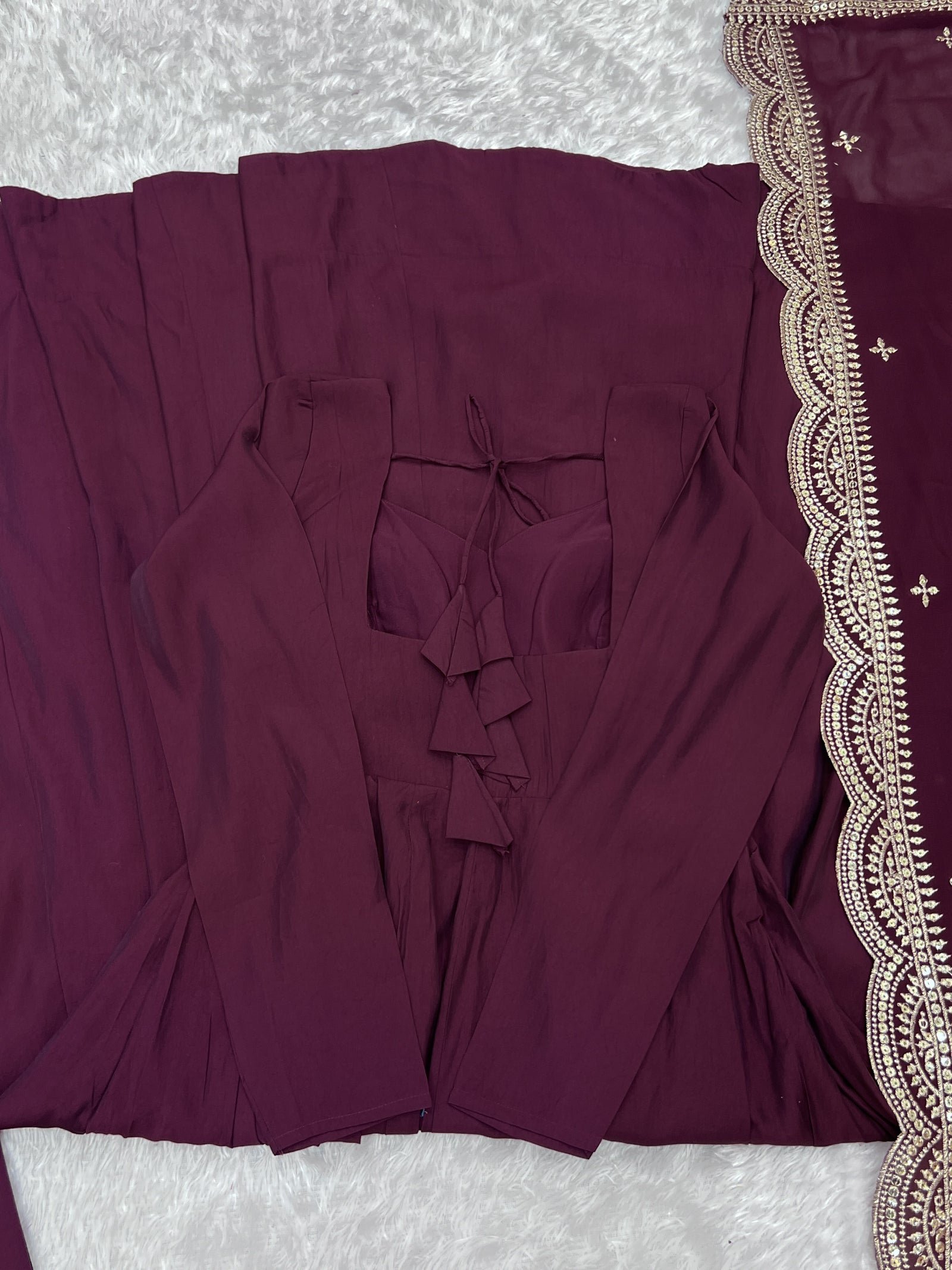 Wine Premium Quality Pure Romansilk Chanderi Anarkali Gown with Dupatta & Pant Set - Ready to Wear