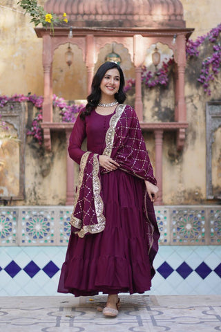 Wine Premium Readymade Elegant Flair Gown with Designer Dupatta