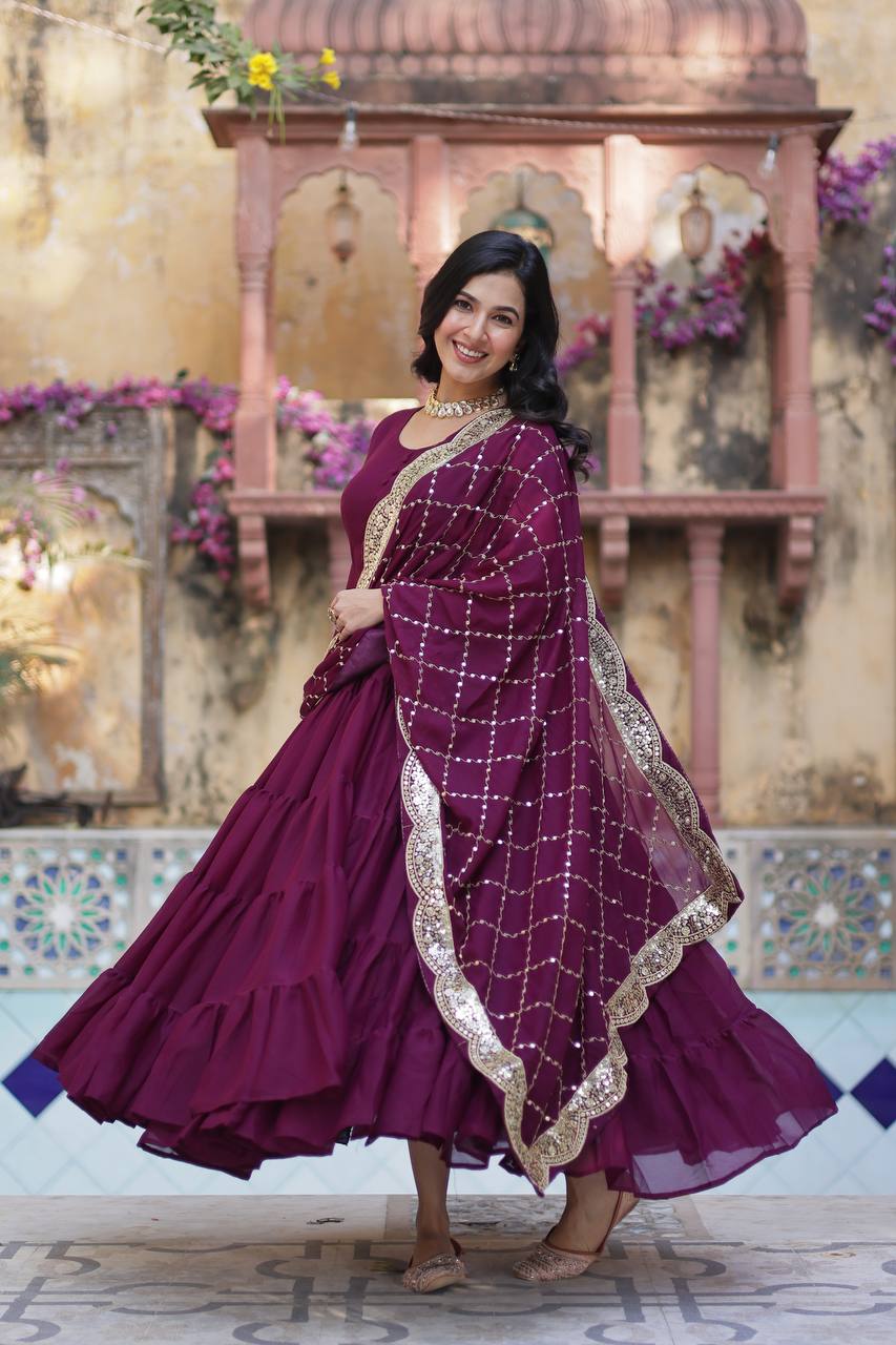Wine Premium Readymade Elegant Flair Gown with Designer Dupatta