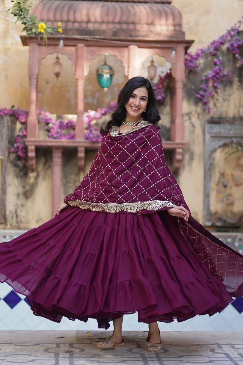 Wine Premium Readymade Elegant Flair Gown with Designer Dupatta
