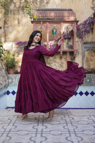 Wine Premium Readymade Elegant Flair Gown with Designer Dupatta