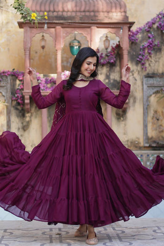 Wine Premium Readymade Elegant Flair Gown with Designer Dupatta