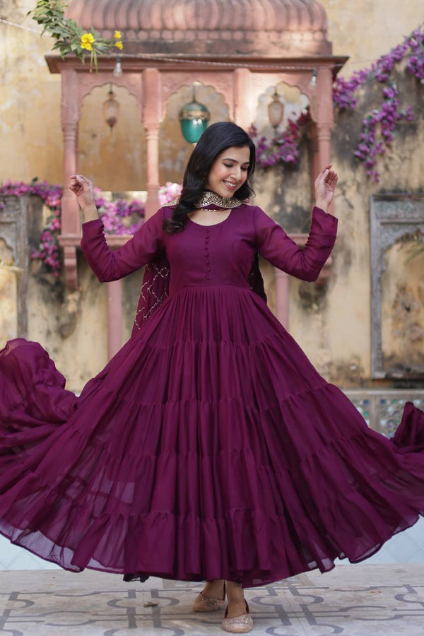 Wine Premium Readymade Elegant Flair Gown with Designer Dupatta