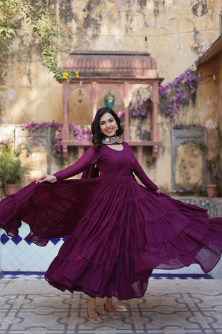 Wine Premium Readymade Elegant Flair Gown with Designer Dupatta