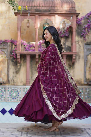 Wine Premium Readymade Elegant Flair Gown with Designer Dupatta