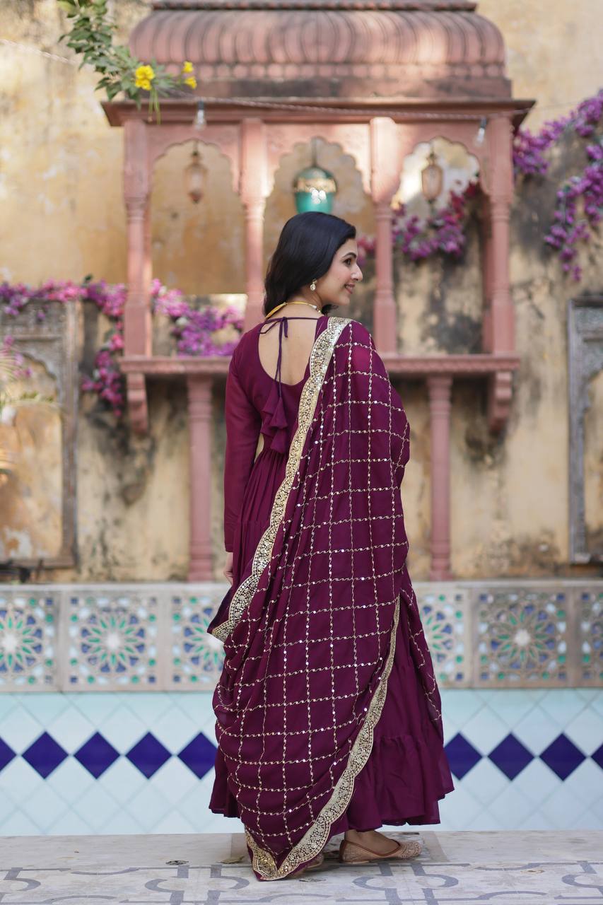 Wine Premium Readymade Elegant Flair Gown with Designer Dupatta