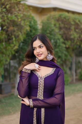 Wine Premium Readymade Kurti Pant Dupatta Set in Faux Blooming & Embroidery ClothsVilla