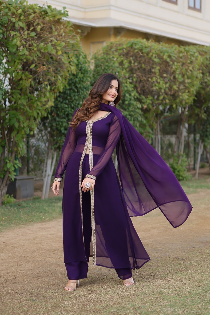 Wine Premium Readymade Kurti Pant Dupatta Set in Faux Blooming & Embroidery ClothsVilla
