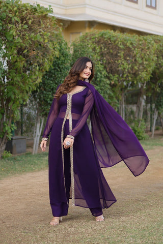 Wine Premium Readymade Kurti Pant Dupatta Set in Faux Blooming & Embroidery ClothsVilla
