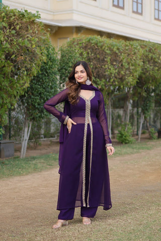 Wine Premium Readymade Kurti Pant Dupatta Set in Faux Blooming & Embroidery ClothsVilla
