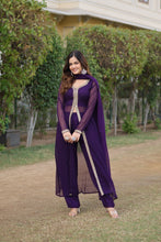 Load image into Gallery viewer, Wine Premium Readymade Kurti Pant Dupatta Set in Faux Blooming &amp; Embroidery ClothsVilla