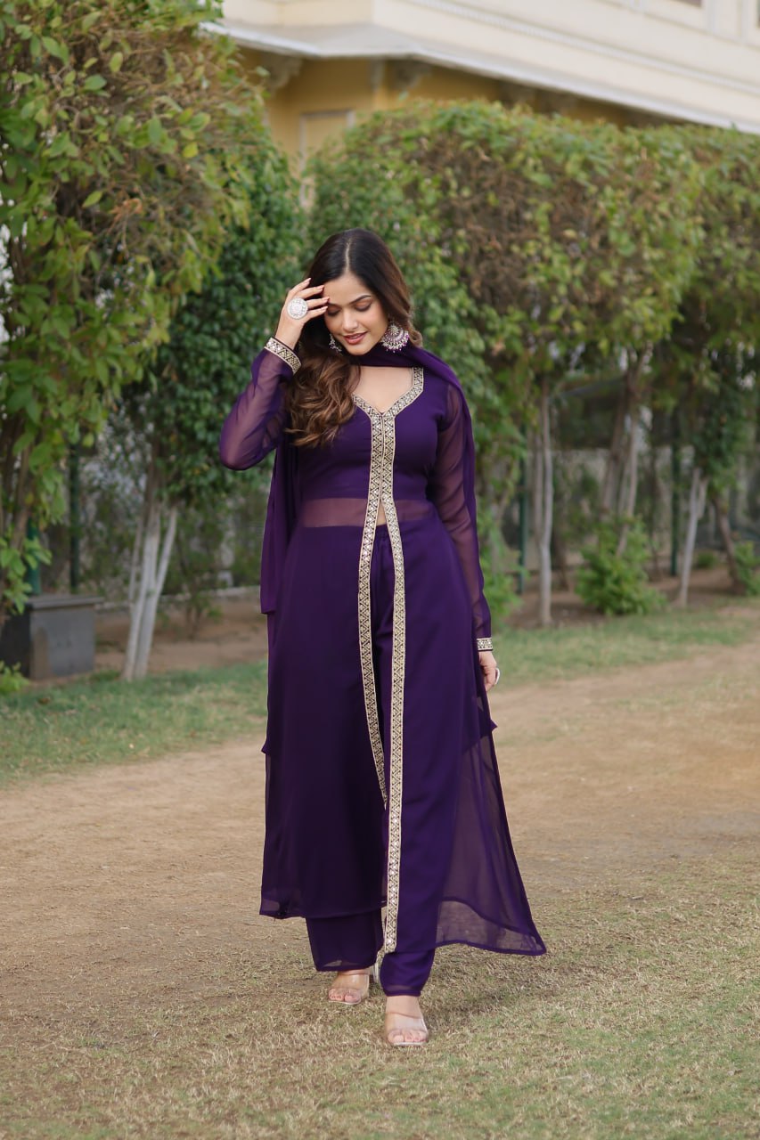 Wine Premium Readymade Kurti Pant Dupatta Set in Faux Blooming & Embroidery ClothsVilla Main image