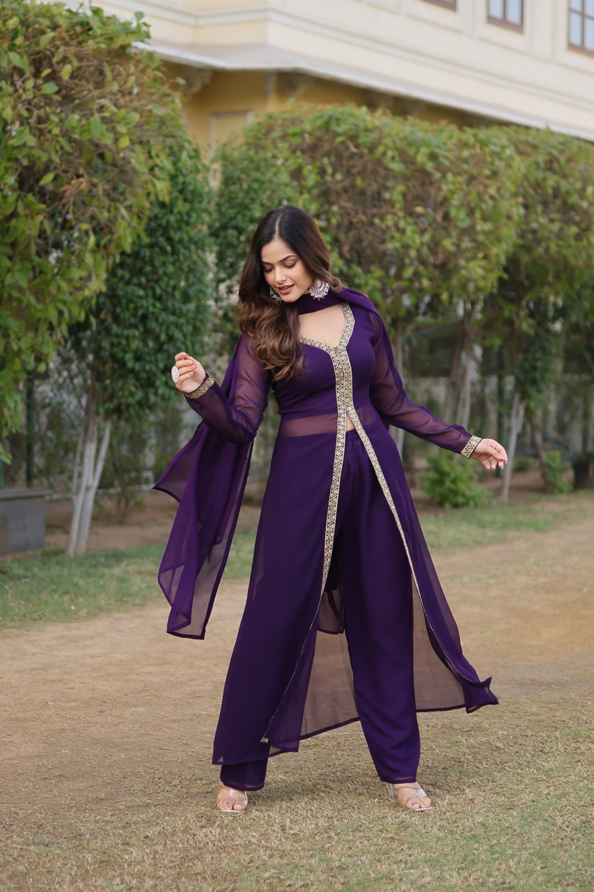 Wine Premium Readymade Kurti Pant Dupatta Set in Faux Blooming & Embroidery Secondary image
