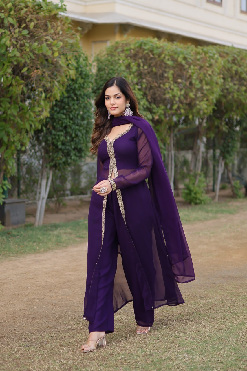 Wine Premium Readymade Kurti Pant Dupatta Set in Faux Blooming & Embroidery ClothsVilla