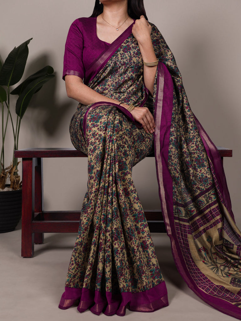 Wine Printed Chanderi Polyester Viscose Saree with Zari Weaving Work & Unstitched Blouse — Festive & Traditional Party Wear Saree for Women ClothsVilla