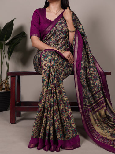 Wine Printed Chanderi Polyester Viscose Saree with Zari Weaving Work & Unstitched Blouse — Festive & Traditional Party Wear Saree for Women ClothsVilla