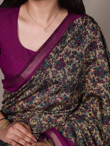 Wine Printed Chanderi Polyester Viscose Saree with Zari Weaving Work & Unstitched Blouse — Festive & Traditional Party Wear Saree for Women ClothsVilla