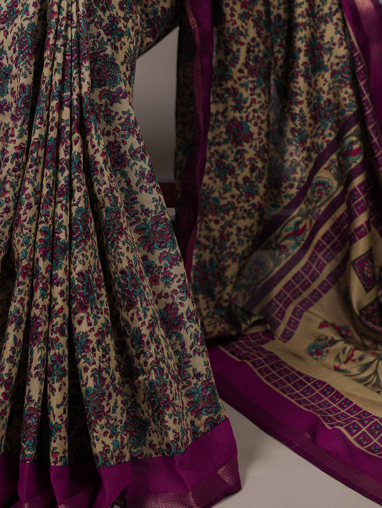 Wine Printed Chanderi Polyester Viscose Saree with Zari Weaving Work & Unstitched Blouse — Festive & Traditional Party Wear Saree for Women ClothsVilla