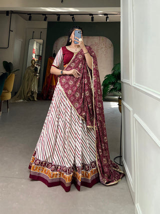 Wine Pure Cotton Lehenga Choli Set with Laheriya Print ClothsVilla